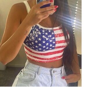 NEW S White American Flag USA 4th of July Fitted Tank Top Sleeveless Crop Shirt